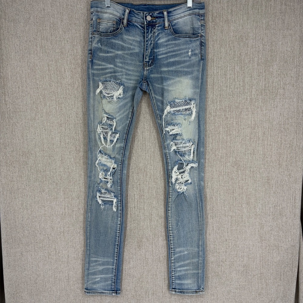 MNML Jeans Mens 31x33 Blue Skinny Light Wash Denim Stretch Ripped Whiskered